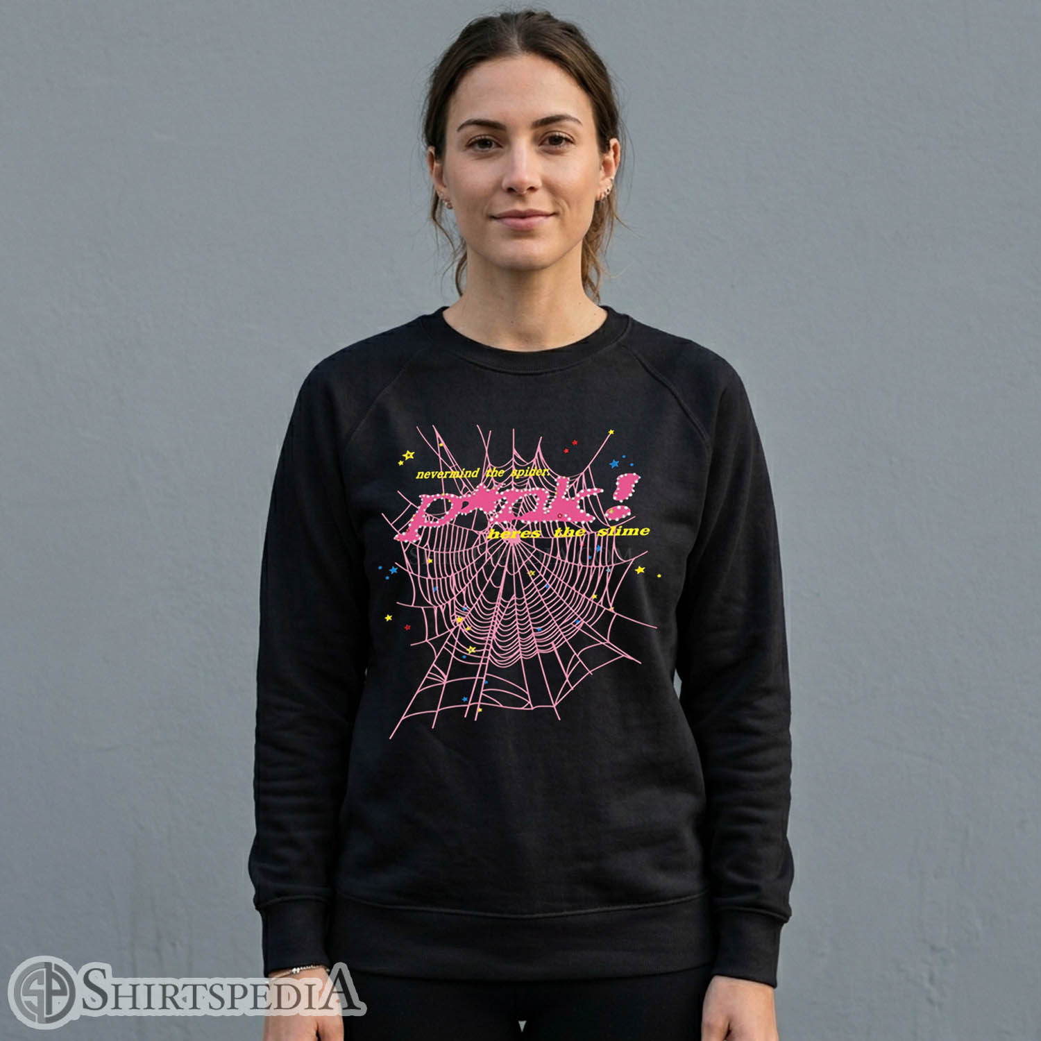 Women Unisex black crewneck streetwear sweatshirt printed with a large pink spiderweb graphic and text reading P*nk! here's the slime.