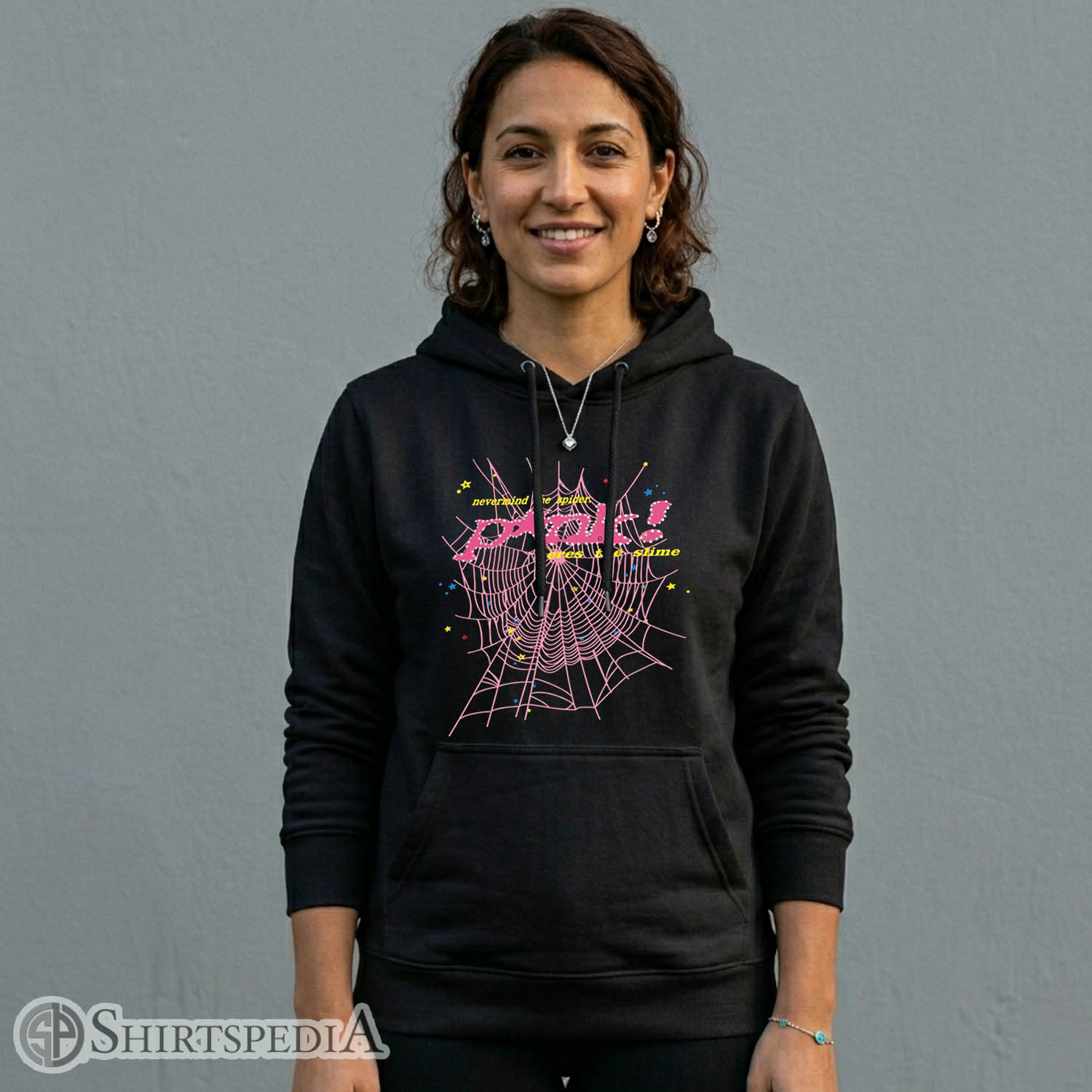 Sp5der Worldwide Inspired Pink Heres The Slime Women Heavyweight Hoodie Y2K Spiderweb Pullover Women Heavyweight black pullover streetwear hoodie with a large central pink spiderweb graphic and rhinestone-style lettering reading P*nk!