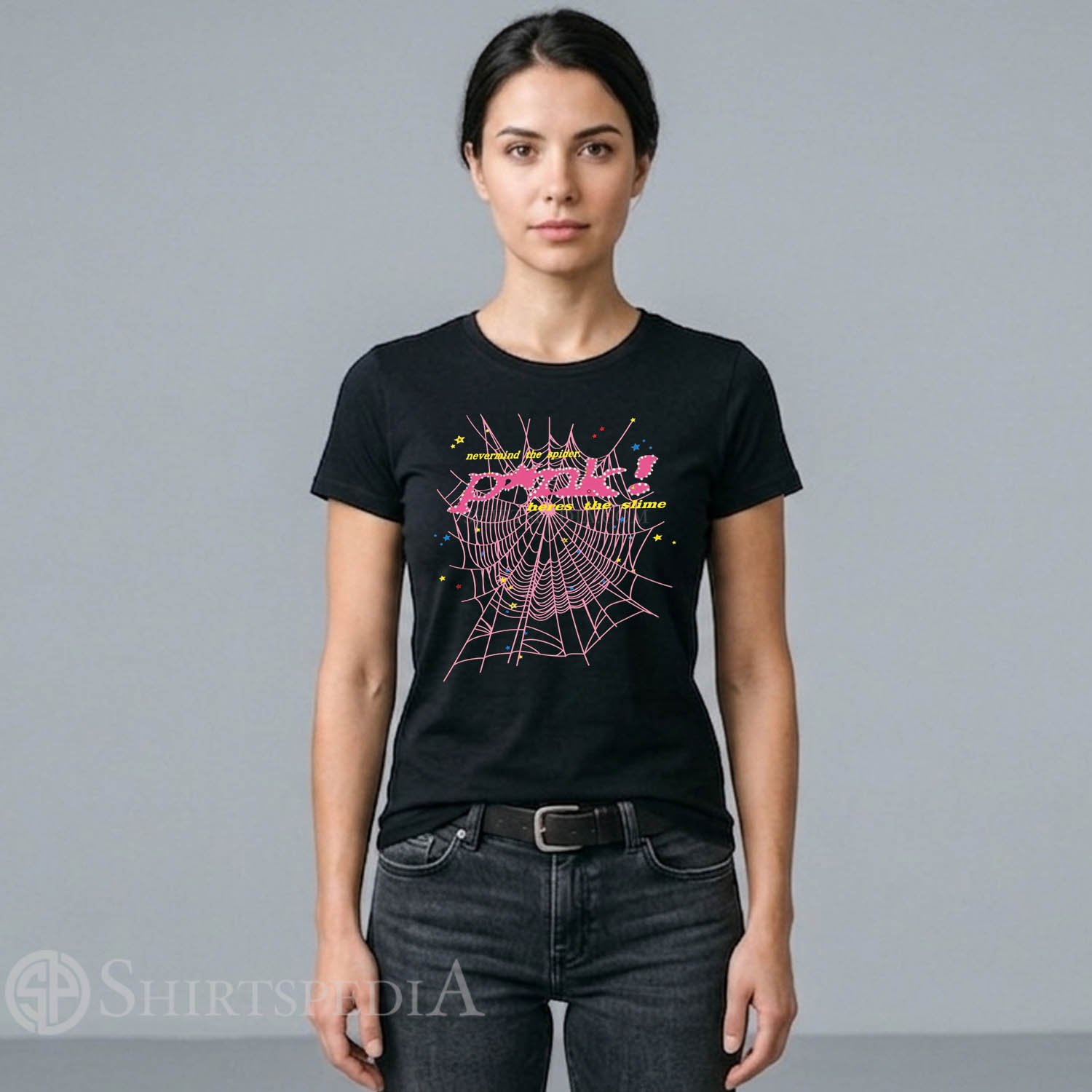 Women Black streetwear graphic t-shirt featuring a large pink spiderweb graphic with the text P*nk! in rhinestone lettering and yellow text reading nevermind the spider, here's the slime.