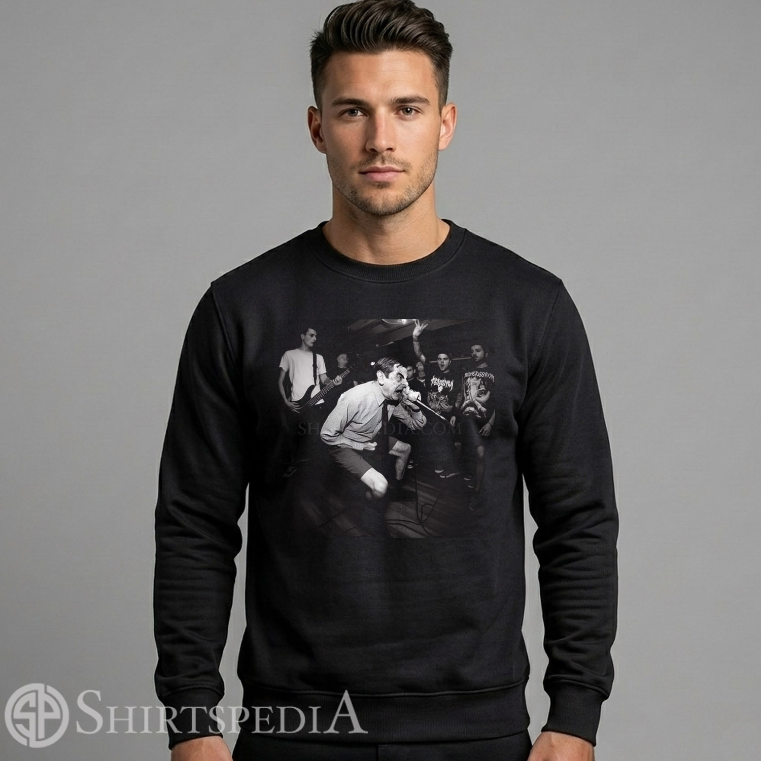 Mens black crewneck pullover sweatshirt printed with a large central black and white graphic of Mr. Bean as a hardcore metal frontman holding a microphone.