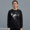 Womens black crewneck pullover sweatshirt printed with a large central black and white graphic of Mr. Bean as a hardcore metal frontman holding a microphone.