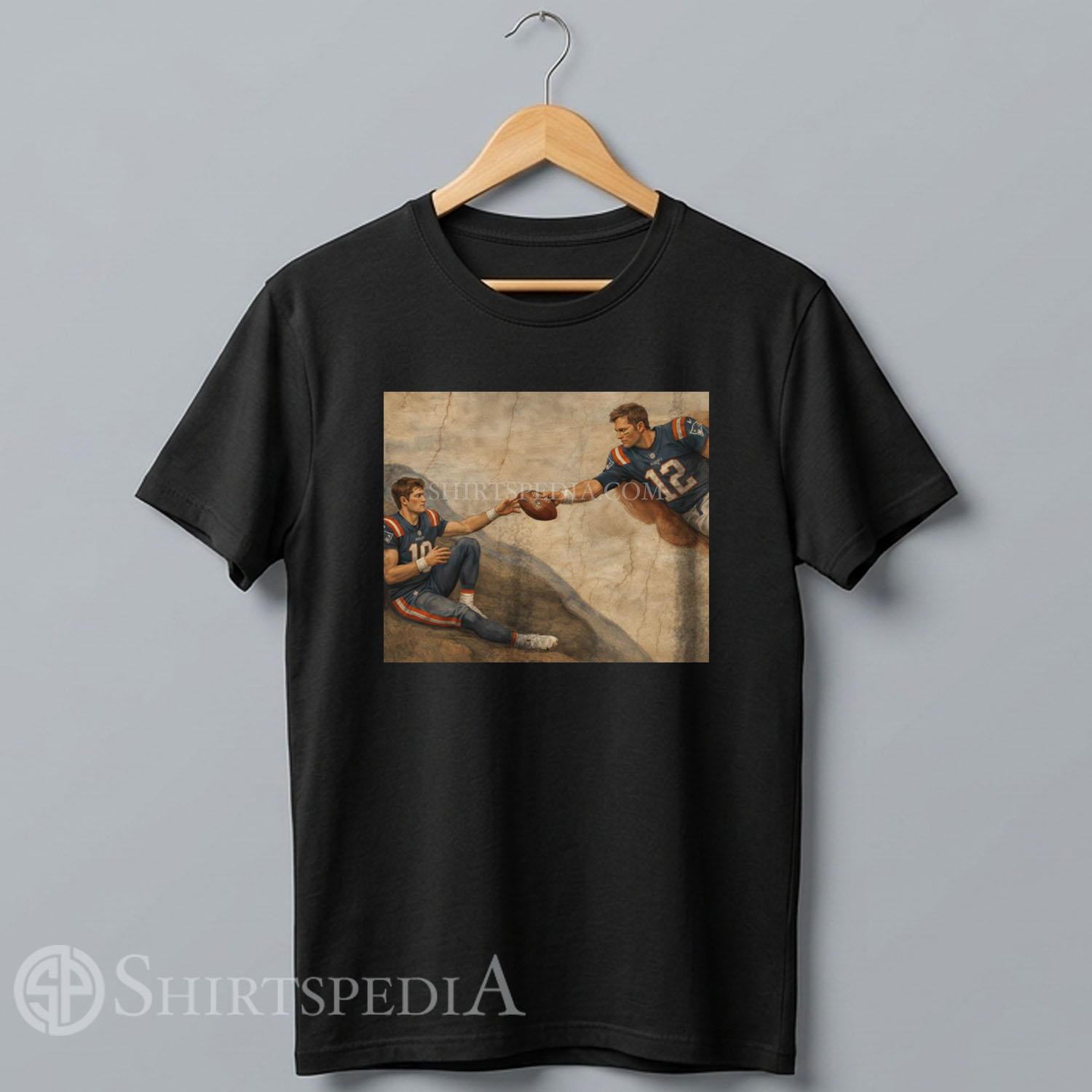 Gildan 5000 cotton t-shirt featuring Tom Brady and Drake Maye Creation of Adam football parody design
