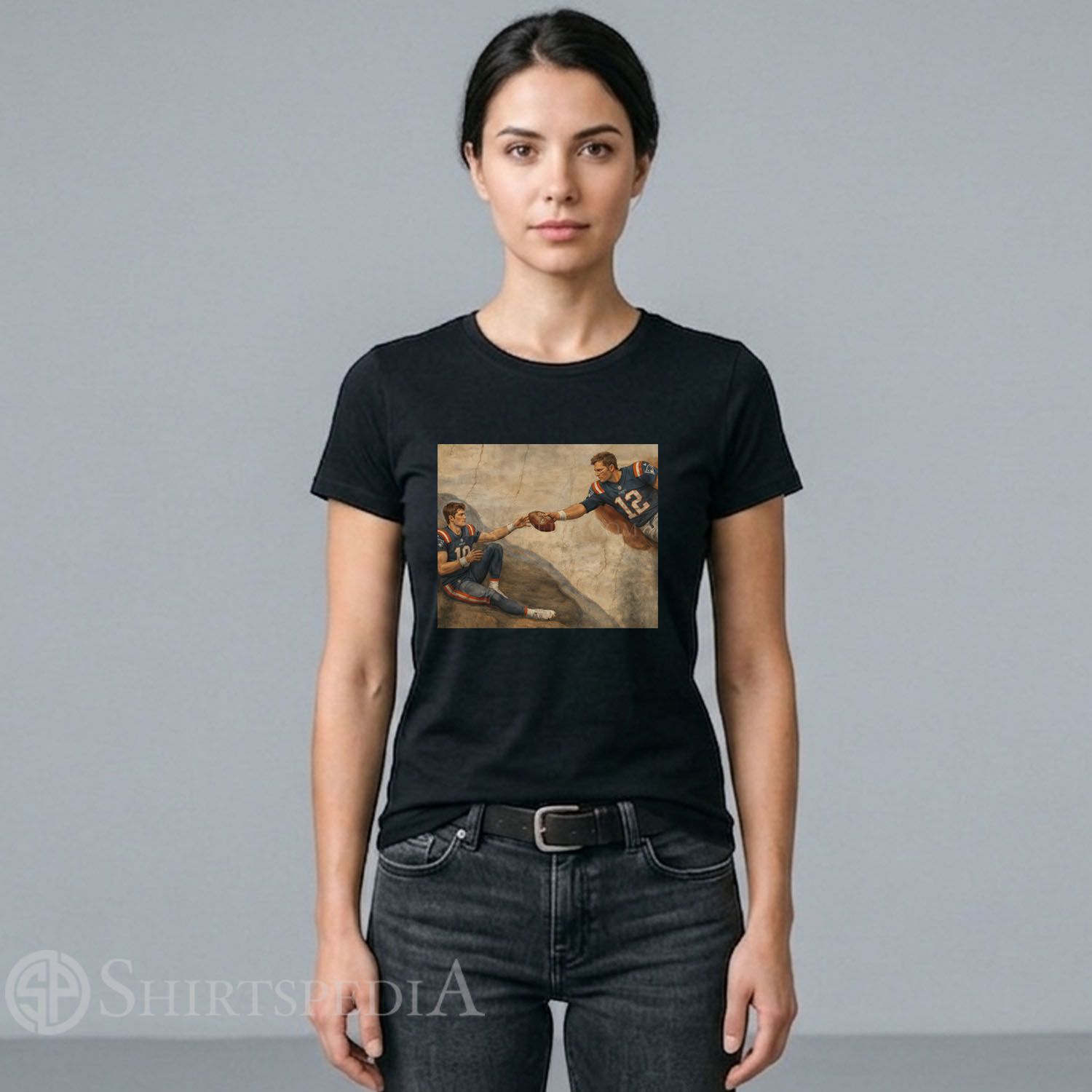 Women Gildan 5000 cotton t-shirt featuring Tom Brady and Drake Maye Creation of Adam football parody design