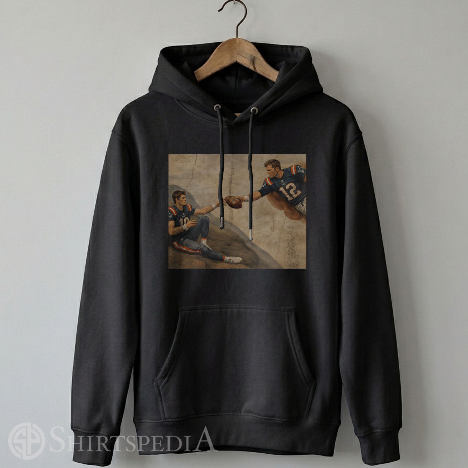 Gildan 18500 hoodie featuring Tom Brady and Drake Maye Creation of Adam art parody print