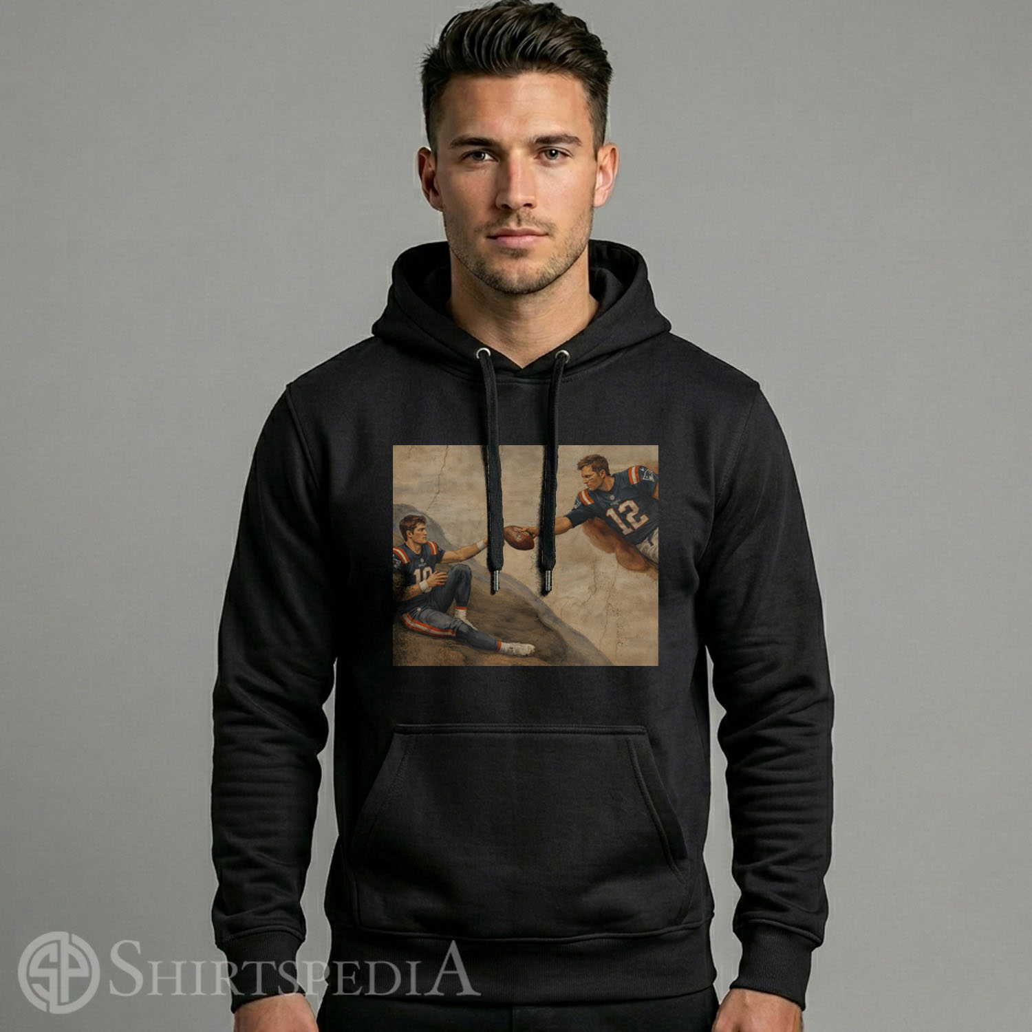 Men Gildan 18500 hoodie featuring Tom Brady and Drake Maye Creation of Adam art parody print