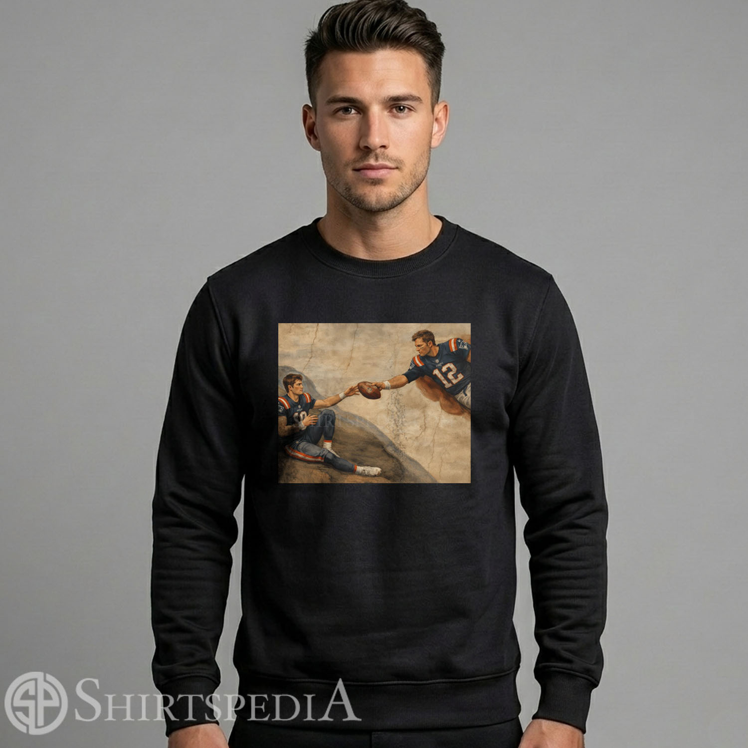 Men Gildan 18000 crewneck sweatshirt with Tom Brady passing football to Drake Maye Renaissance art parody