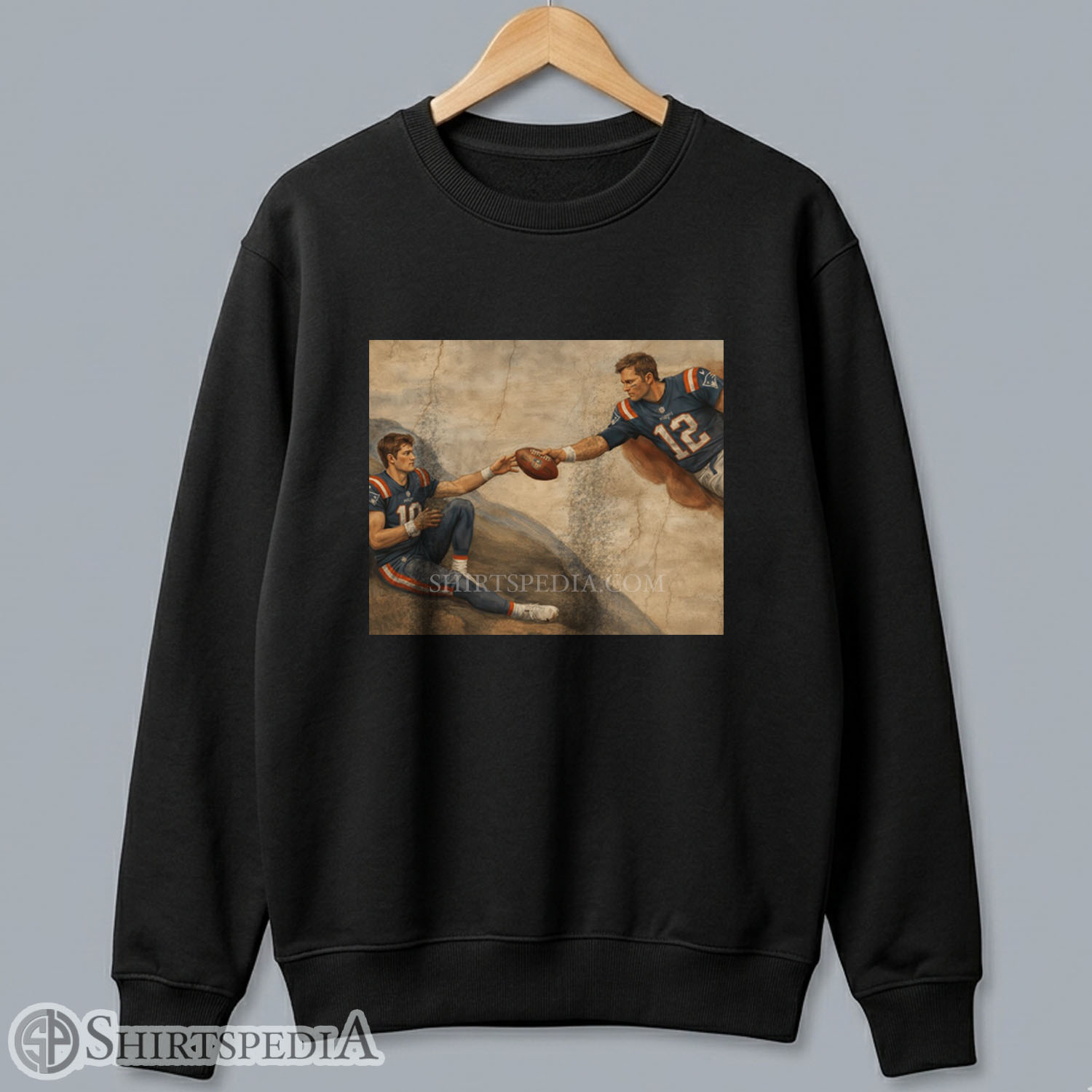 Gildan 18000 crewneck sweatshirt with Tom Brady passing football to Drake Maye Renaissance art parody