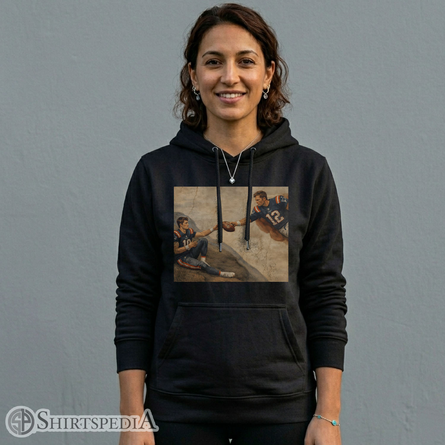 Women Gildan 18500 hoodie featuring Tom Brady and Drake Maye Creation of Adam art parody print