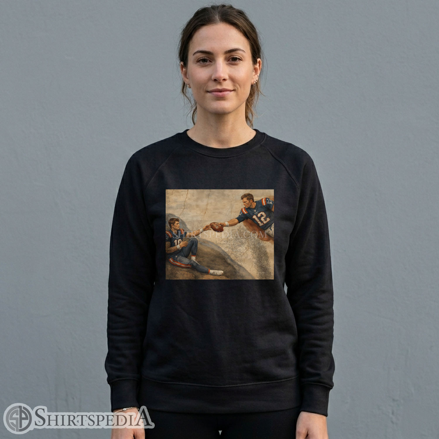 Women Gildan 18000 crewneck sweatshirt with Tom Brady passing football to Drake Maye Renaissance art parody