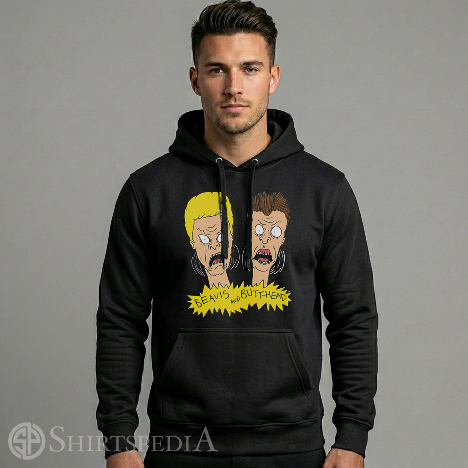 Men Gildan 18500 pullover hoodie featuring vintage Beavis and Butt-Head 90s cartoon print