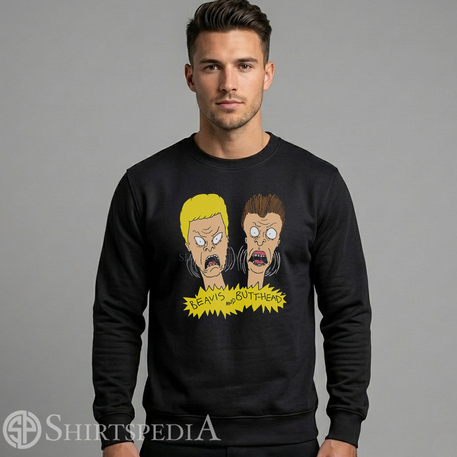 Men Gildan 18000 crewneck sweatshirt featuring vintage 90s Beavis and Butt-Head cartoon print