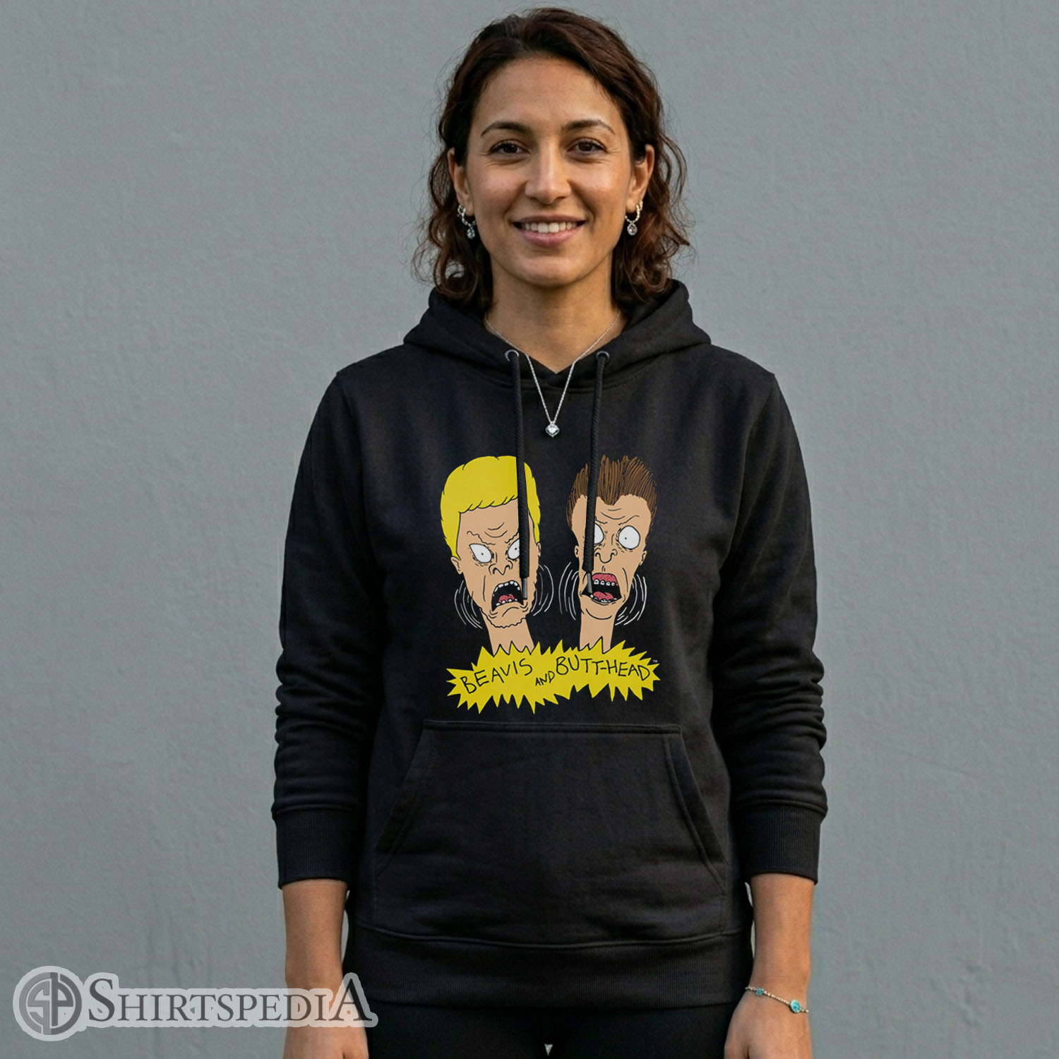 Women Gildan 18500 pullover hoodie featuring vintage Beavis and Butt-Head 90s cartoon print