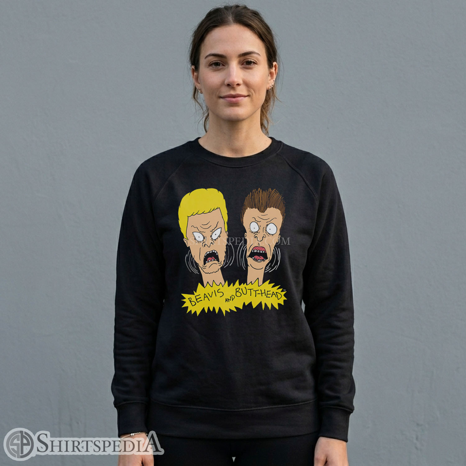 Women Gildan 18000 crewneck sweatshirt featuring vintage 90s Beavis and Butt-Head cartoon print