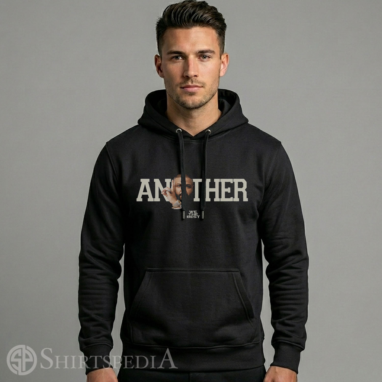 Men Heavyweight black streetwear pullover hoodie displaying a large central vintage 90s rap bootleg design of DJ Khaled.