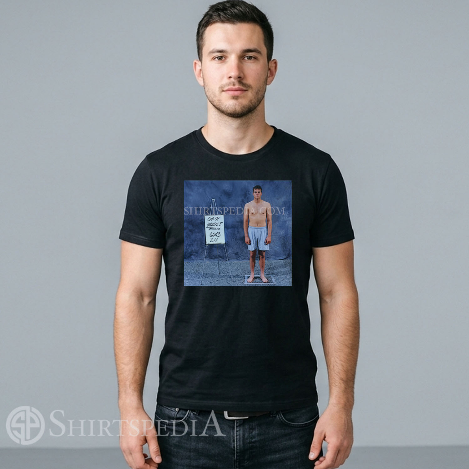 men black streetwear t-shirt featuring a retro 2000s style distressed graphic of Tom Brady's famous Scouting Combine photo with the year 2000.