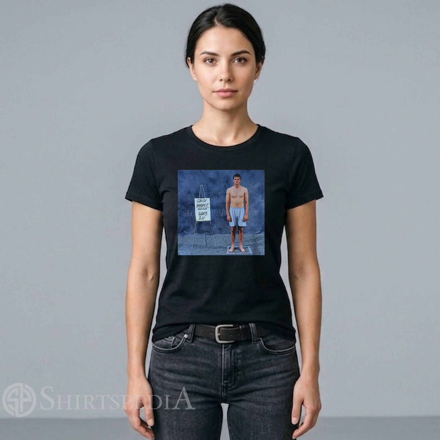 women black streetwear t-shirt featuring a retro 2000s style distressed graphic of Tom Brady's famous Scouting Combine photo with the year 2000.