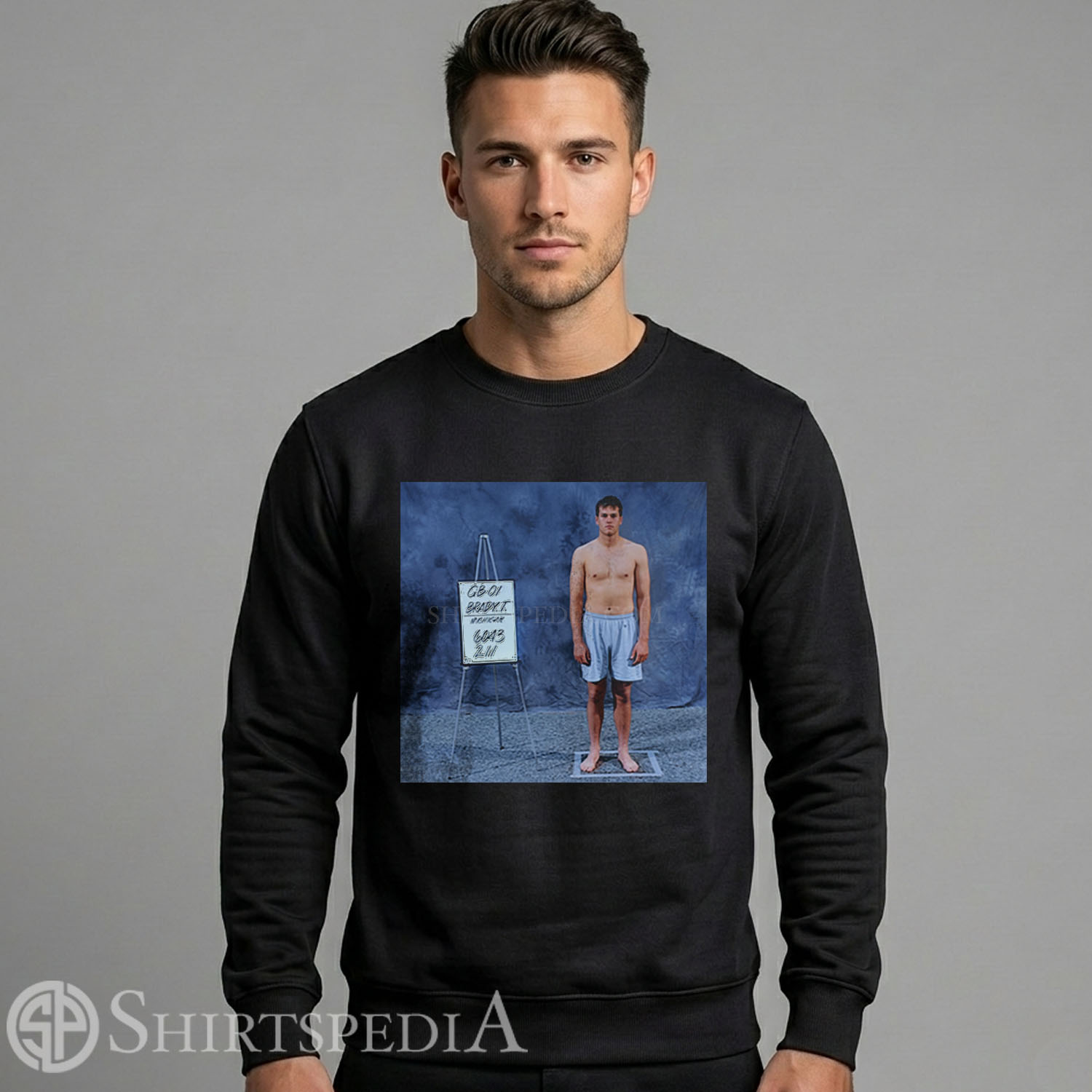 Men black crewneck pullover streetwear sweatshirt featuring a large retro distressed graphic of Tom Brady at the 2000 NFL Scouting Combine.