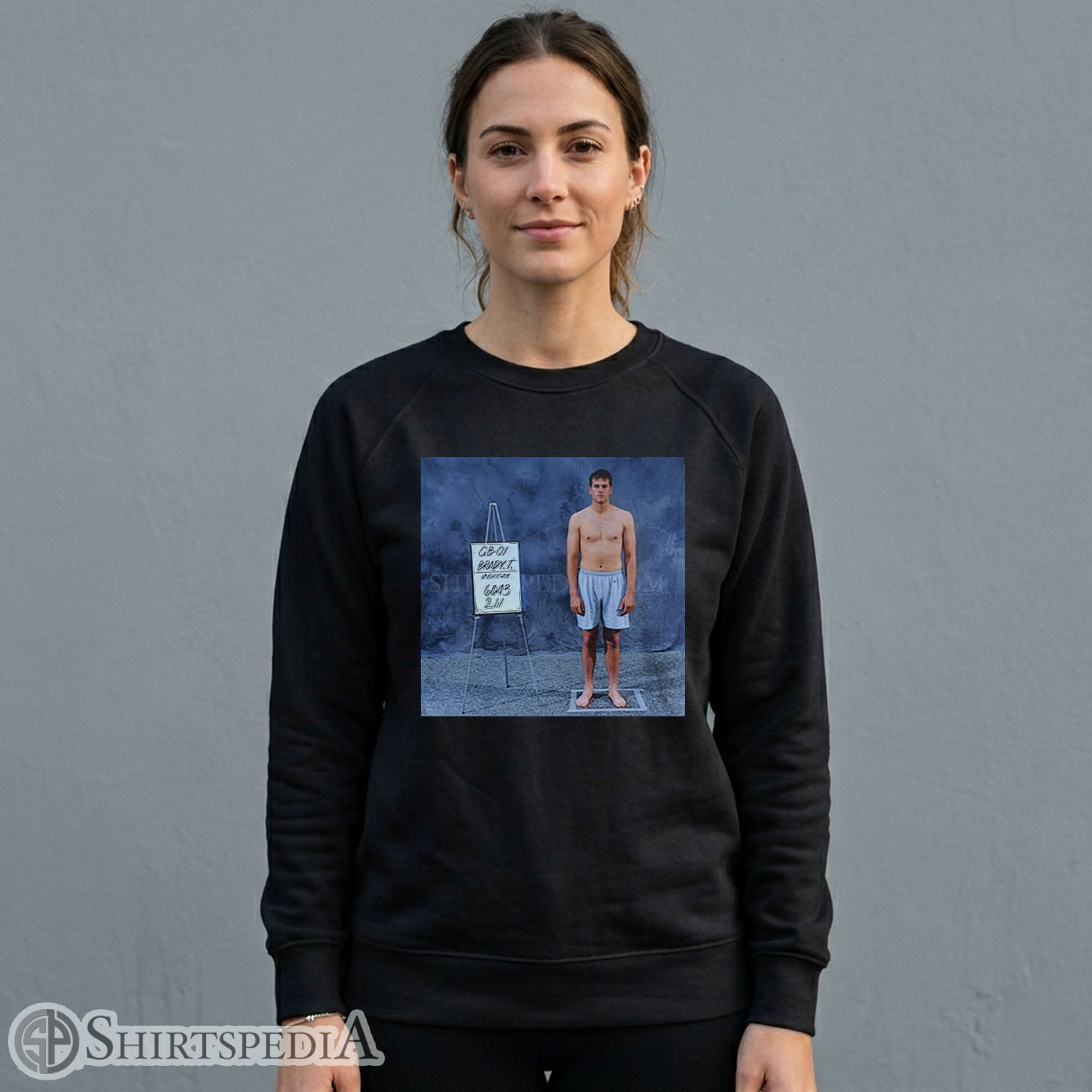 Women black crewneck pullover streetwear sweatshirt featuring a large retro distressed graphic of Tom Brady at the 2000 NFL Scouting Combine.